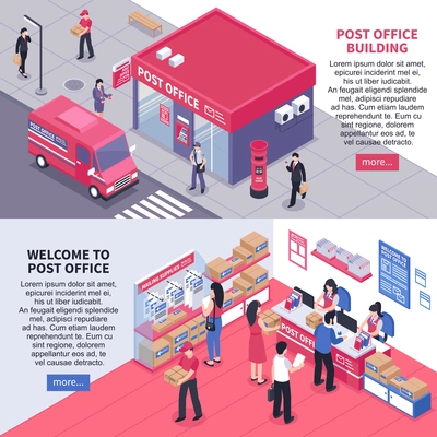 Post office isometric horizontal banners with views from inside and outside staff and correspondence recipients vector illustration