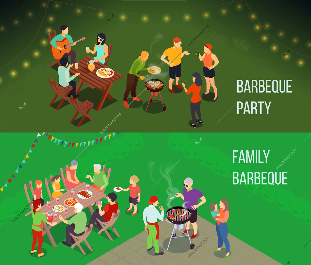 Family picnic horizontal isometric banners with people at table, food and drink, grill equipment isolated vector illustration