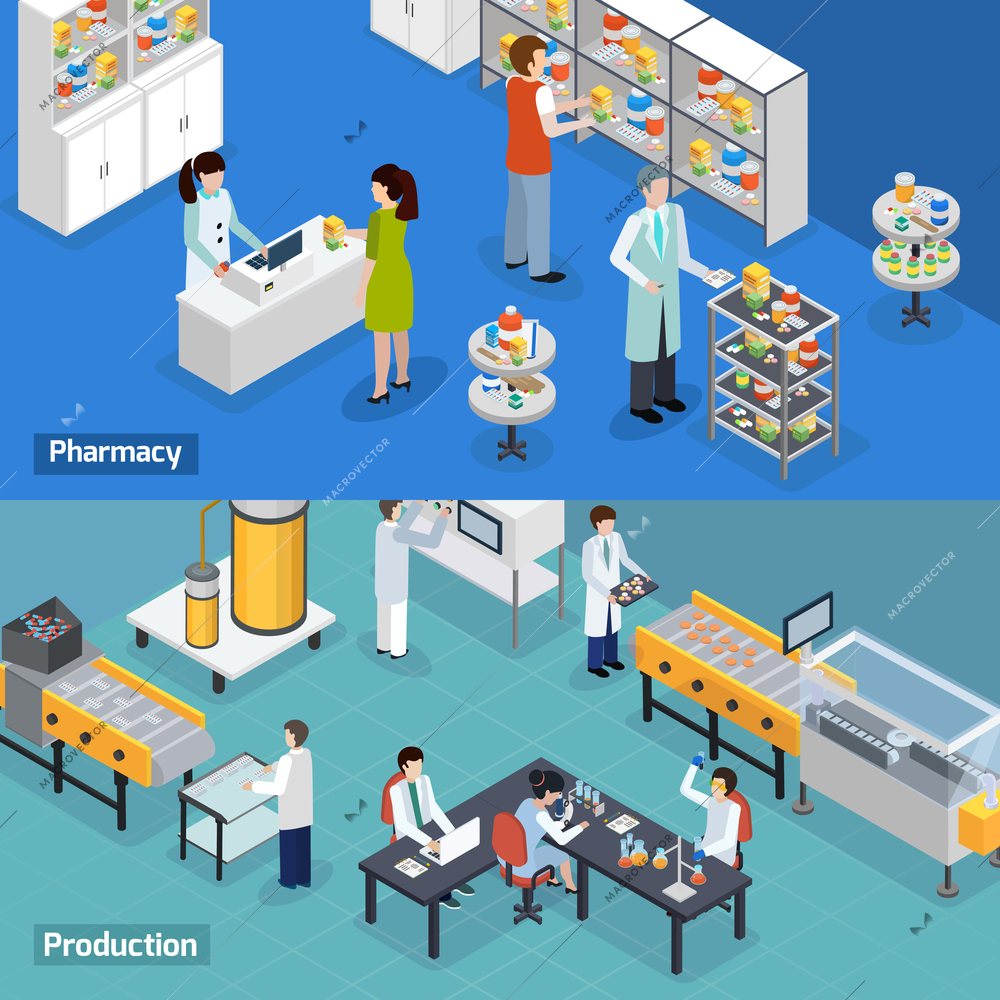 Pharmaceutical production 2 isometric horizontal banners with medical research tests manufacturing and drugstore services isolated vector illustration