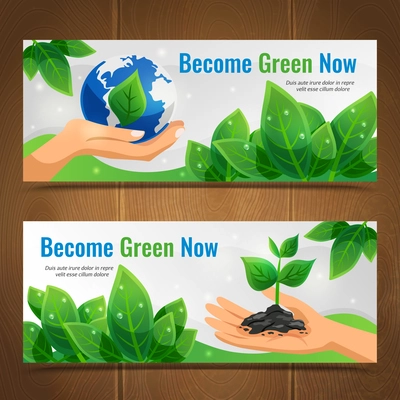 Two ecology horizontal banner set with become green now headlines and place for descriptions vector illustration