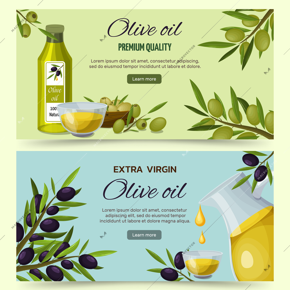 Extra virgin olive oil benefits and uses 2 informative  horizontal cartoon banners webpage design isolated vector illustration