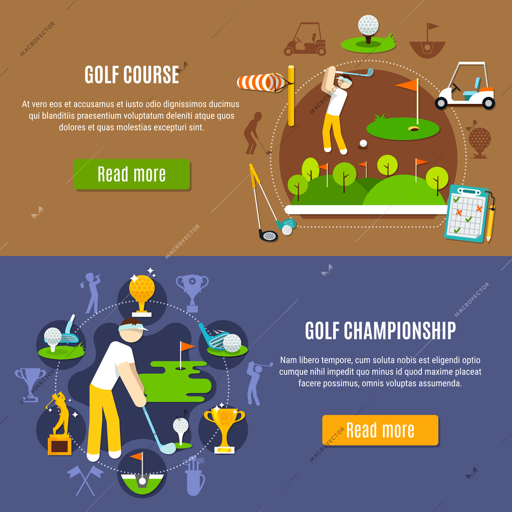 Horizontal flat banners with golf championship and green course on blue and brown background isolated vector illustration