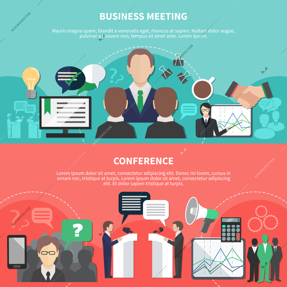 Set of two horizontal business meeting banners with editable text and flat images symbols and pictograms vector illustration