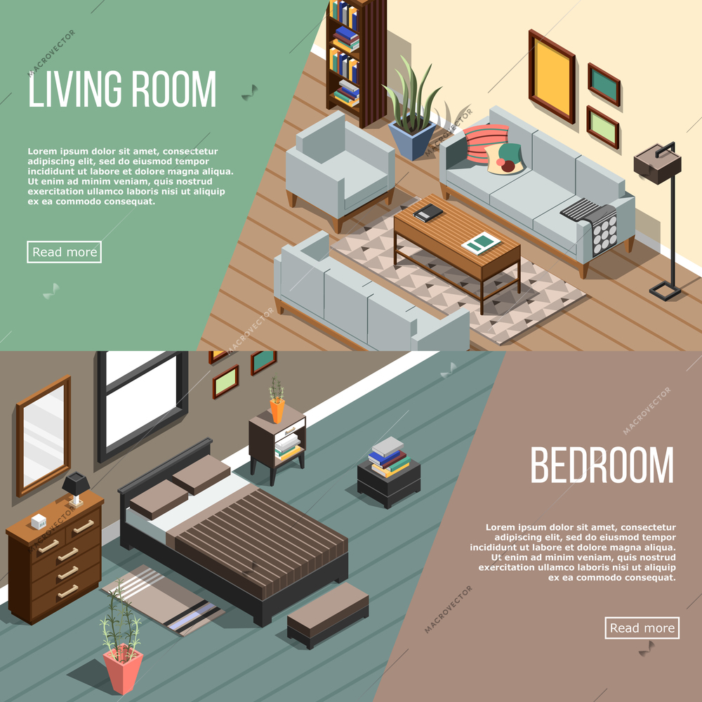 Set of two isometric interior horizontal banners with furniture images editable text and read more button vector illustration