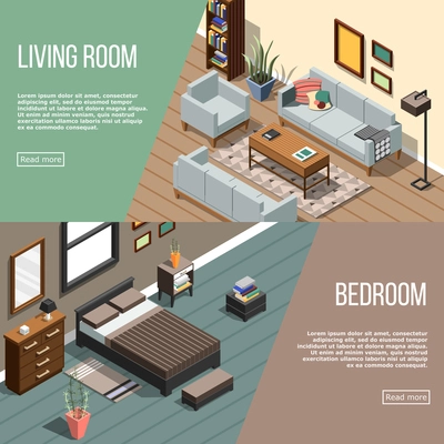 Set of two isometric interior horizontal banners with furniture images editable text and read more button vector illustration