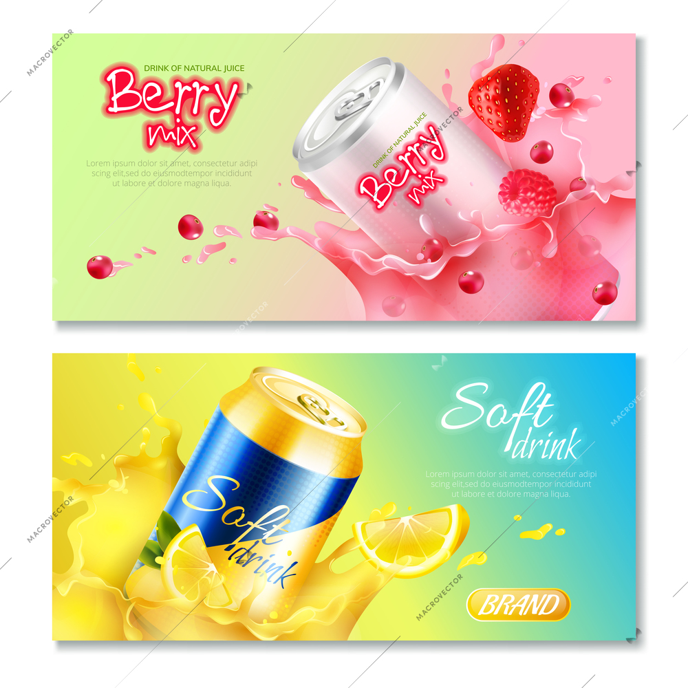 Two colored aluminum cans drinks horizontal banner set with drink natural juice berry mix and soft drink descriptions vector illustration