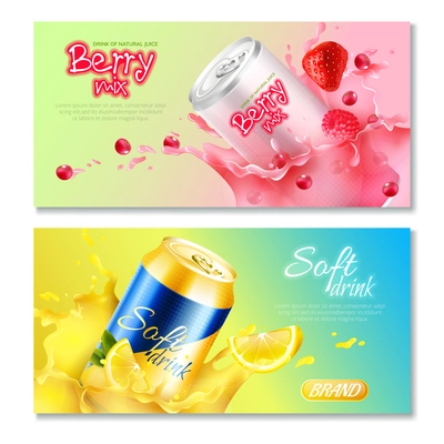 Two colored aluminum cans drinks horizontal banner set with drink natural juice berry mix and soft drink descriptions vector illustration