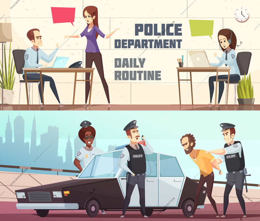 Police department and scene of offender arrest horizontal banners describing working process of staff in office and outdoor vector illustration