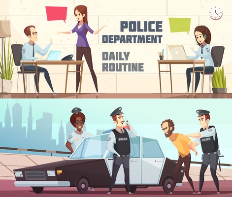 Police department and scene of offender arrest horizontal banners describing working process of staff in office and outdoor vector illustration