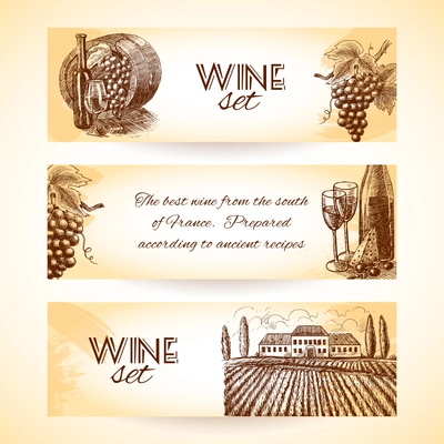 Wine vintage sketch decorative hand drawn banner set isolated vector illustration