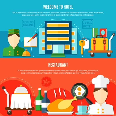 Two hotel banners with invitation to visit hotel and elements of restaurant service flat vector illustration