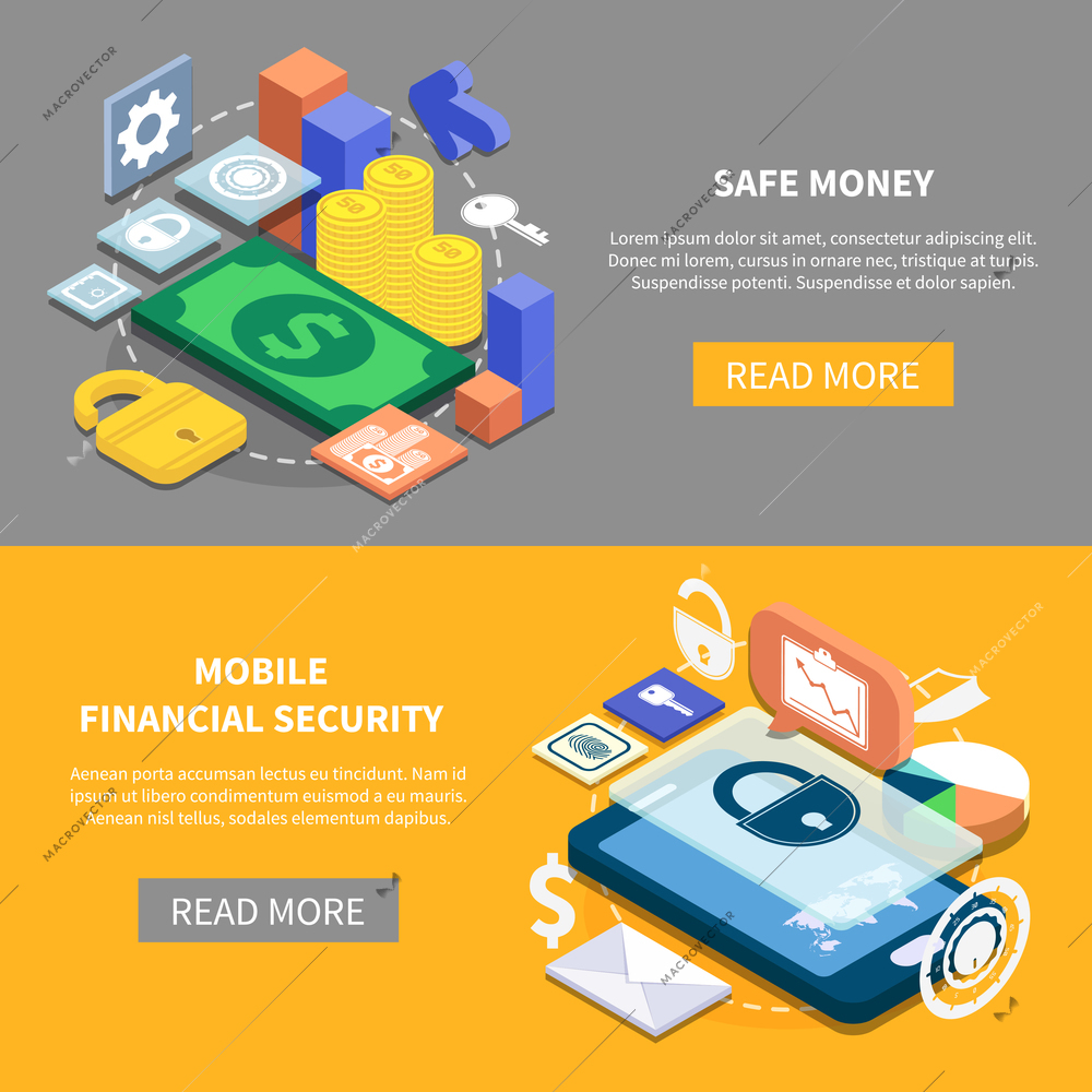 Isometric set of two horizontal mobile financial security banners 3d isolated vector illustration