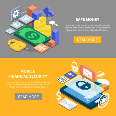 Isometric set of two horizontal mobile financial security banners 3d isolated vector illustration