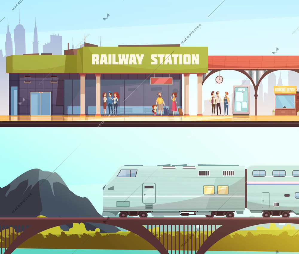 Railway station and railway bridge horizontal banners with people waiting transport and train moving on mountain background flat vector illustration