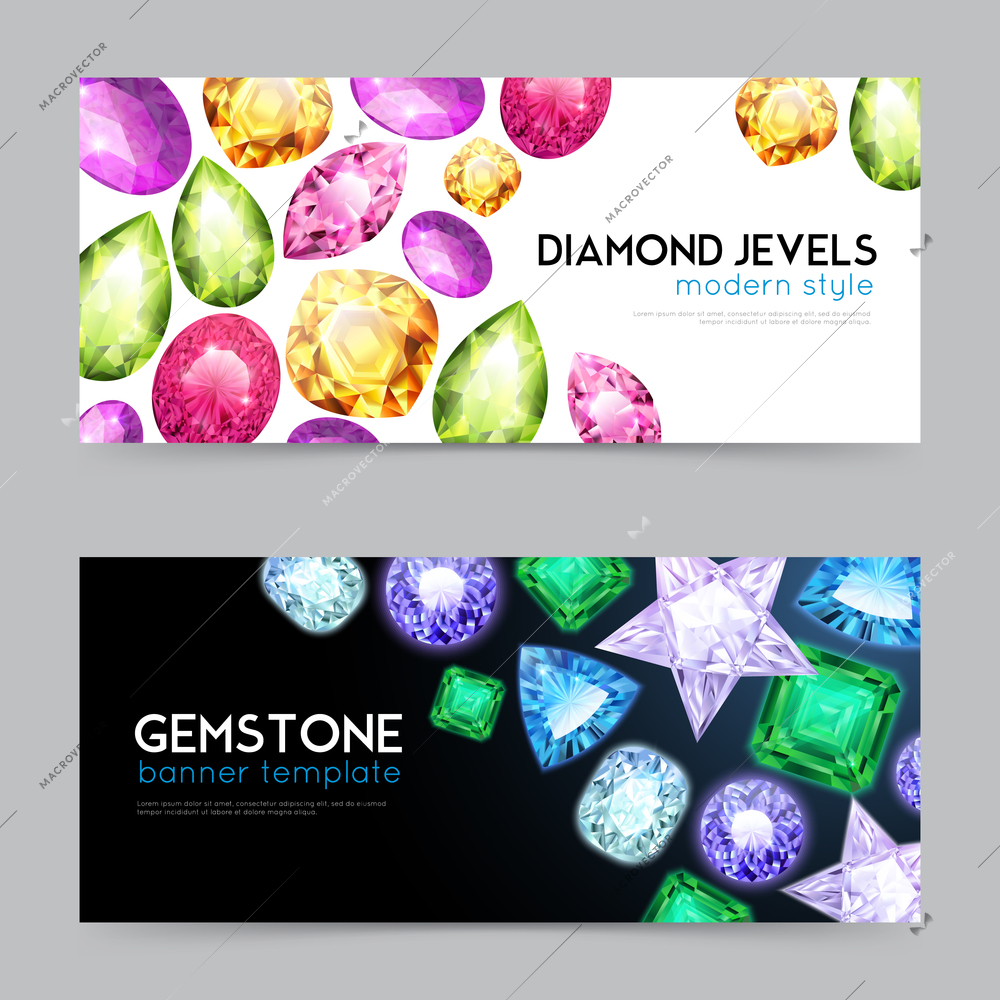 Two horizontal gemstones diamond jewels banner set with diamond jewels modern style and gemstone headlines vector illustration