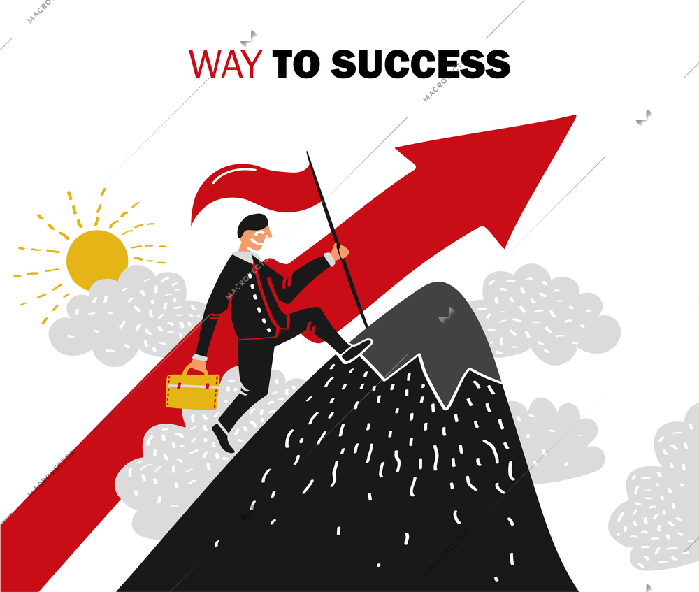 Flat colored success business composition with man aspires up the career ladder vector illustration