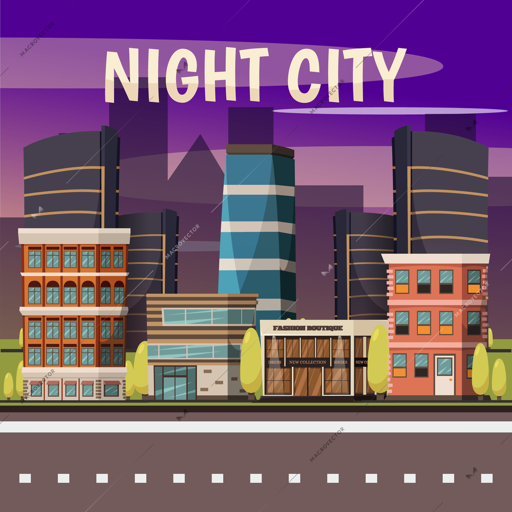 Night city background with modern high rise buildings boutique and restaurant flat vector illustration