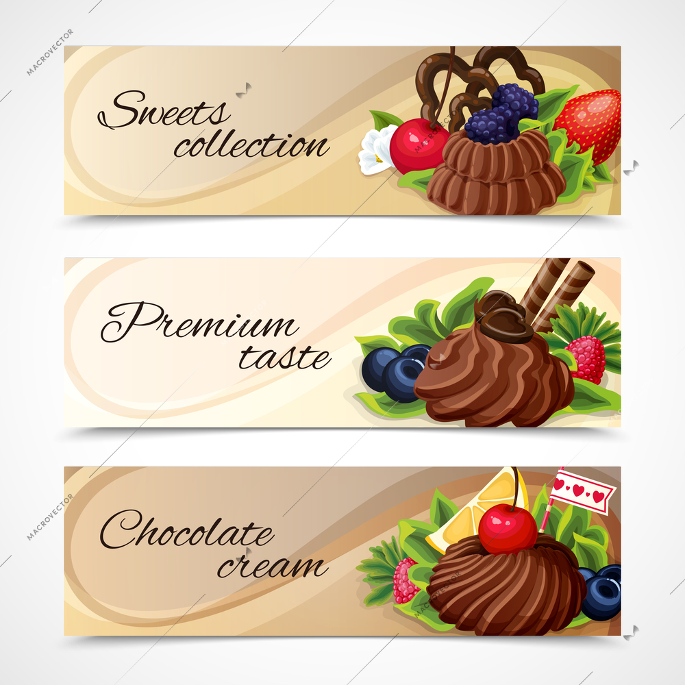 Decorative sweet desserts horizontal banners premium taste collection vector illustration