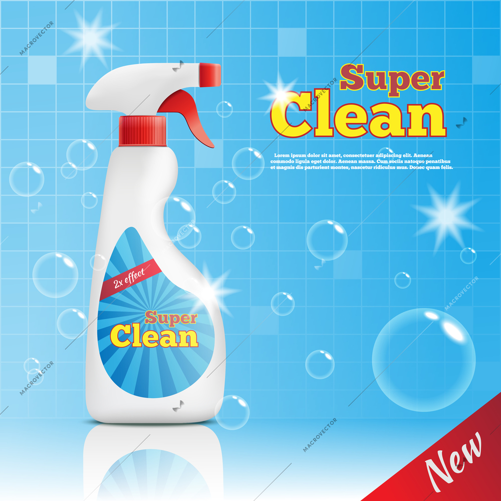 Detergent bottles realistic composition of cleaning product package with bubbles bathroom wall tiles and editable text vector illustration