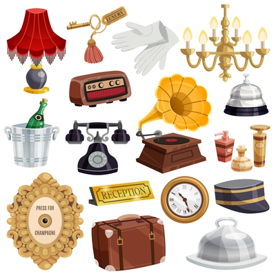 Colored and isolated vintage hotel staff icon set with attributes and elements of tools in hotel vector illustration