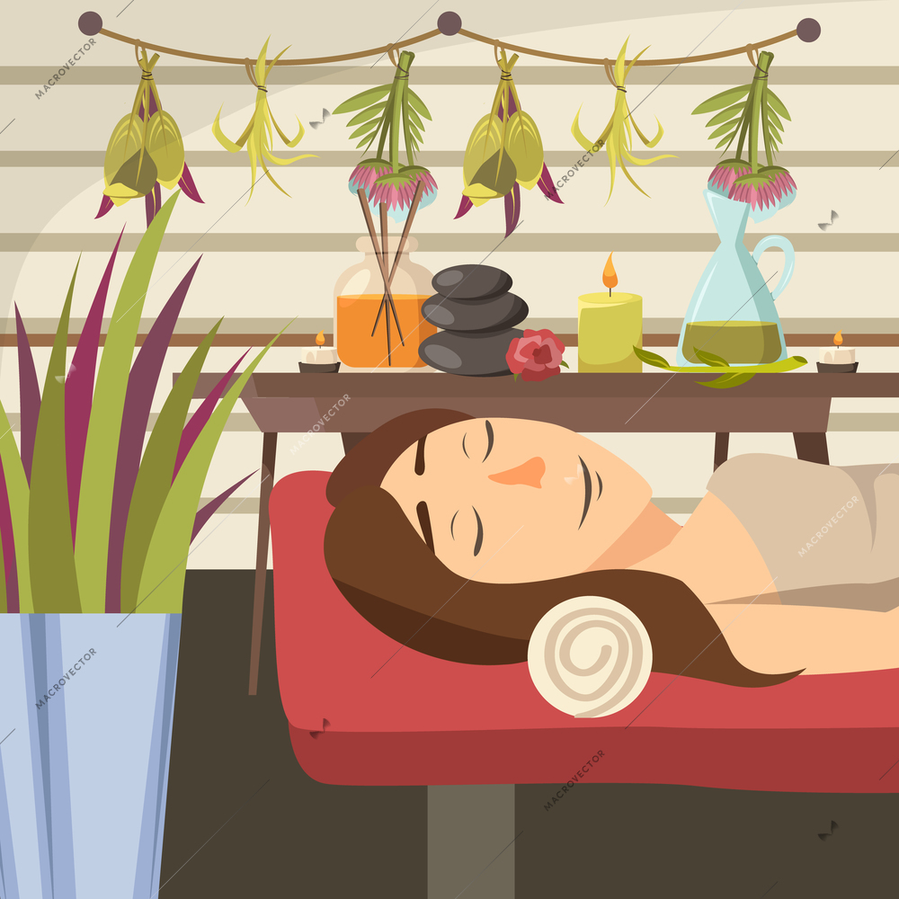 Natural cosmetology colored composition with young woman lying on massage couch in beauty shop flat vector illustration