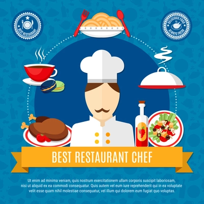 Best male restaurant chef concept and his delicious dishes and desserts on blue background flat vector illustration