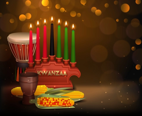 African american kwanzaa holiday celebration festive background poster with burning kinara candles and shiny light bubbles vector illustration