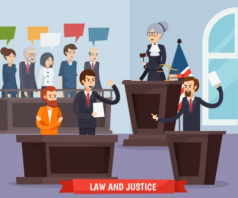 Court orthogonal composition including judge with gavel, prosecutor, advocate and defendant, jury and interior elements vector illustration