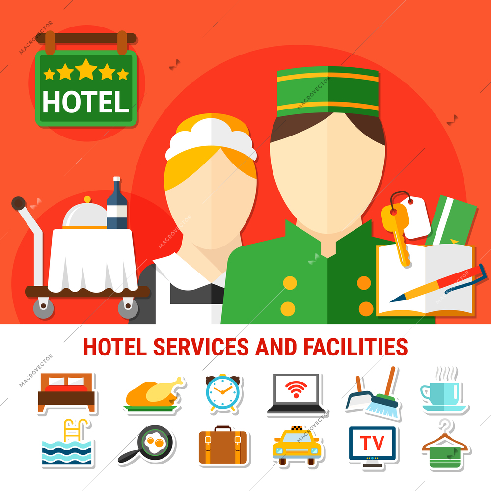 Hotel facilities background with maid and doorman figurines food cart and  five stars plate flat vector illustration