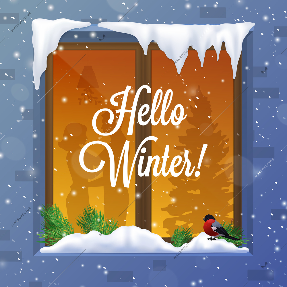 Winter and snow with window bird capes and piles realistic vector illustration