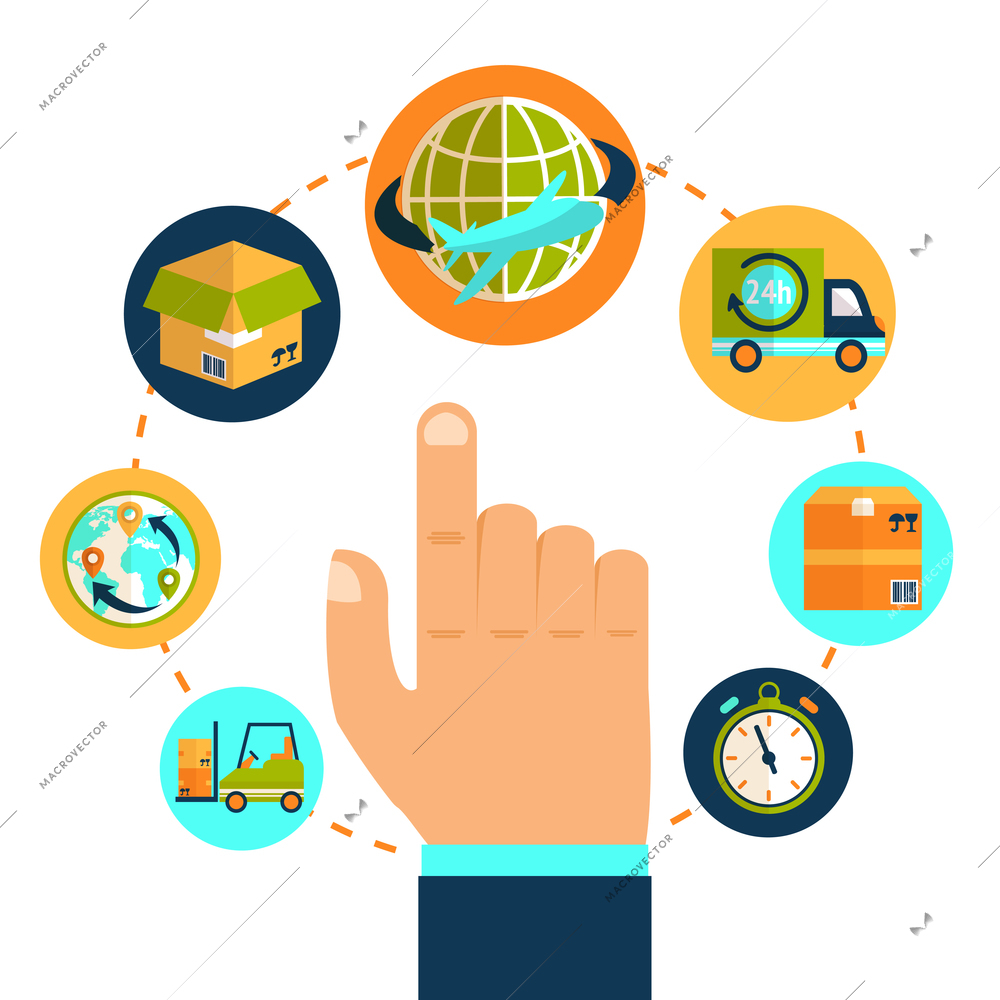 Logistic pointing hand and delivery network chain concept vector illustration