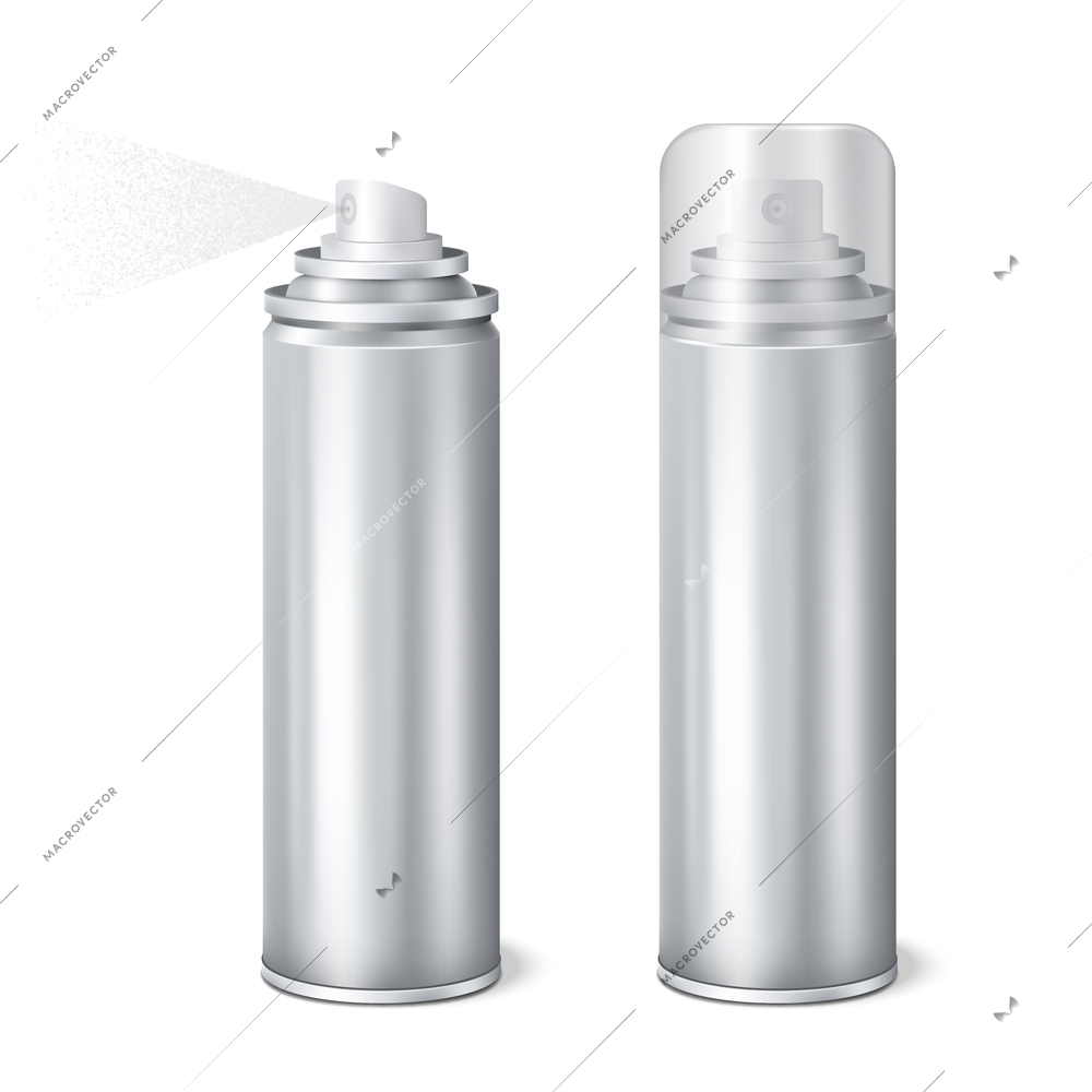 Aluminium aerosol 2 shining realistic mockup cans templates set with cap on and removed spraying vector illustration