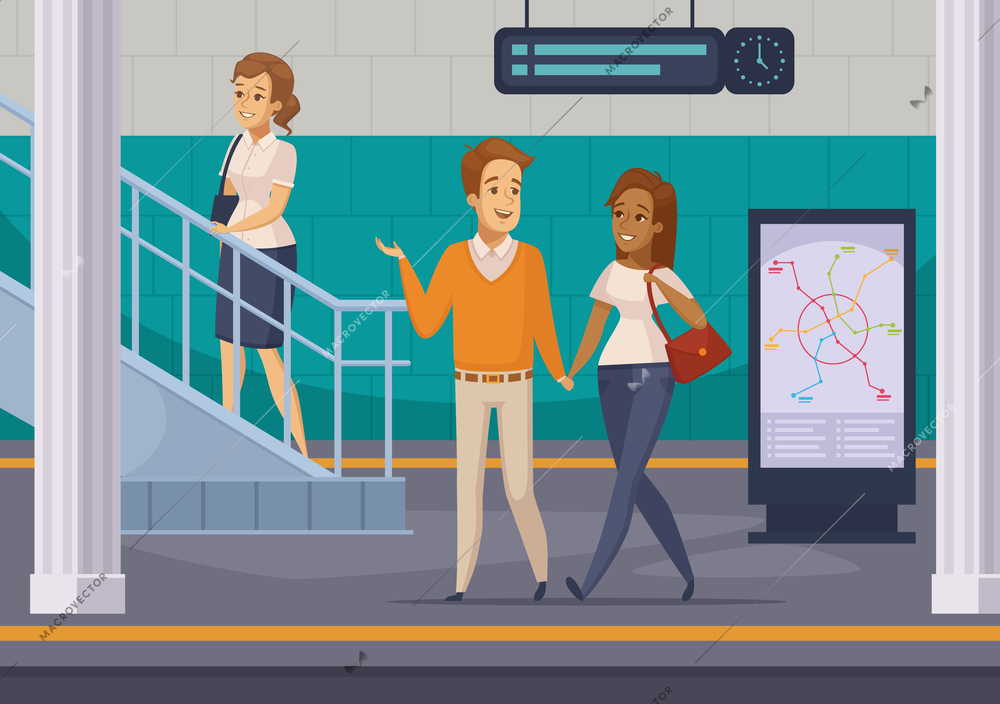 Metro underground station with  staircase subway lines map display and passengers on platform cartoon composition vector illustration