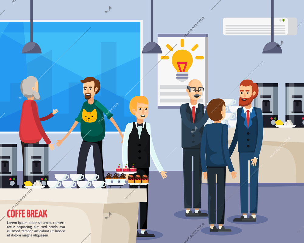 Coffee break orthogonal flat composition with office staff, waiter near table with cups and dessert vector illustration