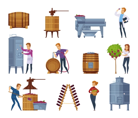 Winery production process cartoon icons set with grape harvesting crushing pressing fermenting wine aging isolated vector illustration