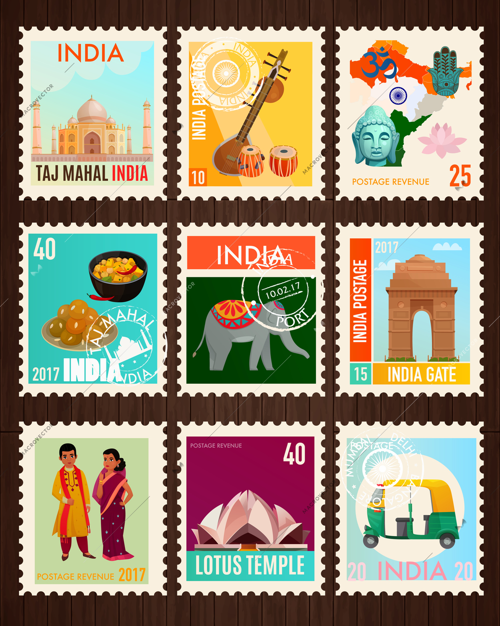 Colorful travel stamp cards set with traditional symbols and famous sights of india isolated on black background cartoon vector illustration