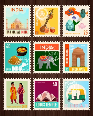 Colorful travel stamp cards set with traditional symbols and famous sights of india isolated on black background cartoon vector illustration