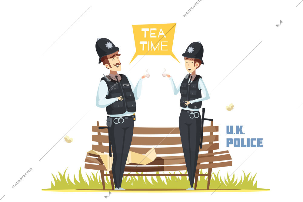 Couple of male and female police officers having tea break in urban environment cartoon vector illustration