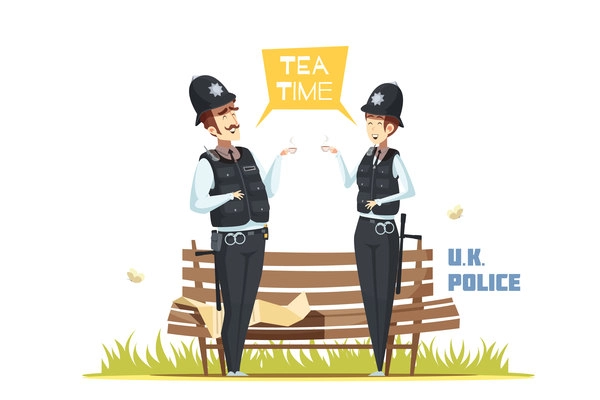 Couple of male and female police officers having tea break in urban environment cartoon vector illustration