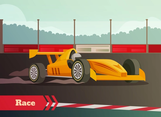 Racing flat background with images of fast racing car and driver on race track with kerbsides vector illustration