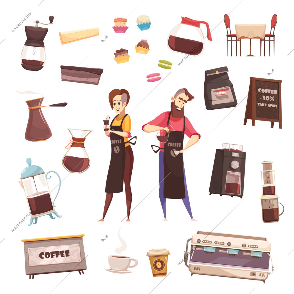 Coffee house decorative icons set of barmaid and barista characters automatic coffee machine aeropress coffee maker cezve french press elements flat vector illustration