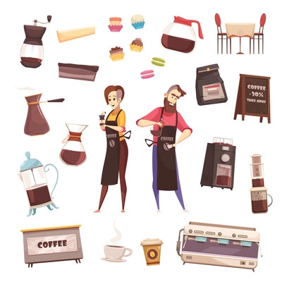 Coffee house decorative icons set of barmaid and barista characters automatic coffee machine aeropress coffee maker cezve french press elements flat vector illustration