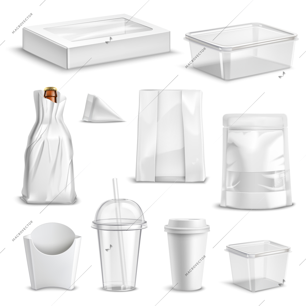 Blank glossy realistic set of food packaging containers and takeaway refreshments mug coffee cup templates isolated vector illustration