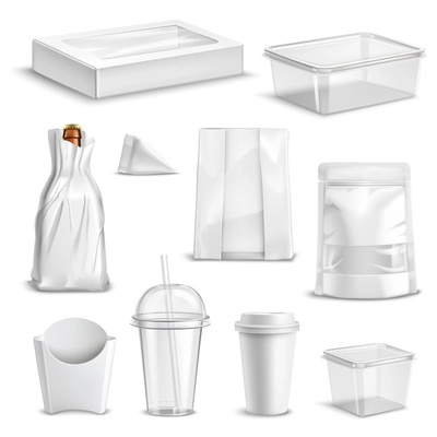 Blank glossy realistic set of food packaging containers and takeaway refreshments mug coffee cup templates isolated vector illustration
