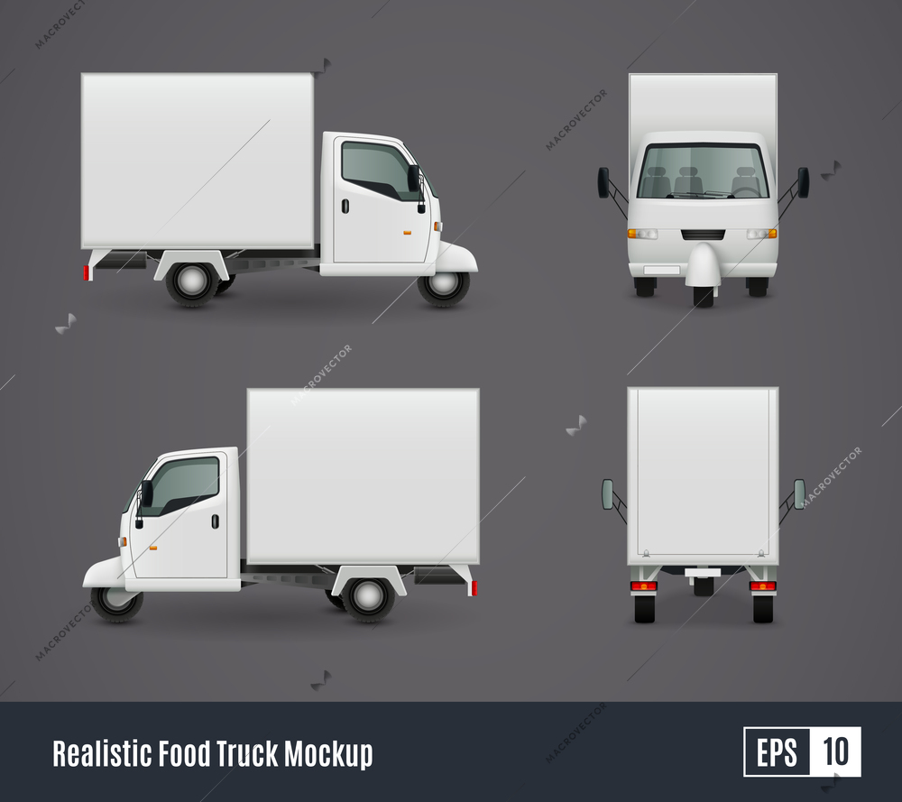 Food trucks realistic ad template mockup set with isolated views of three wheeler van commercial vehicle vector illustration