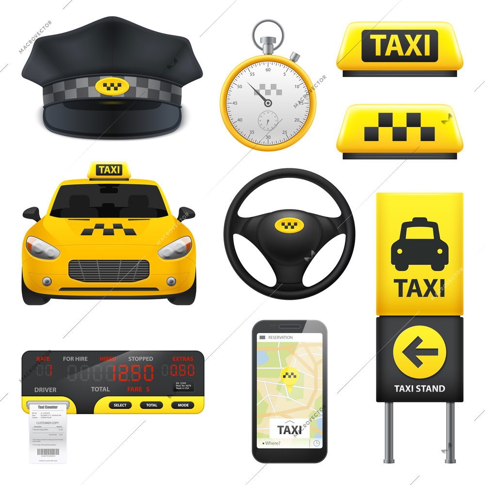 Taxi sign set of isolated motor cab driving wheel taximeter smartphone with application and driver cap vector illustration