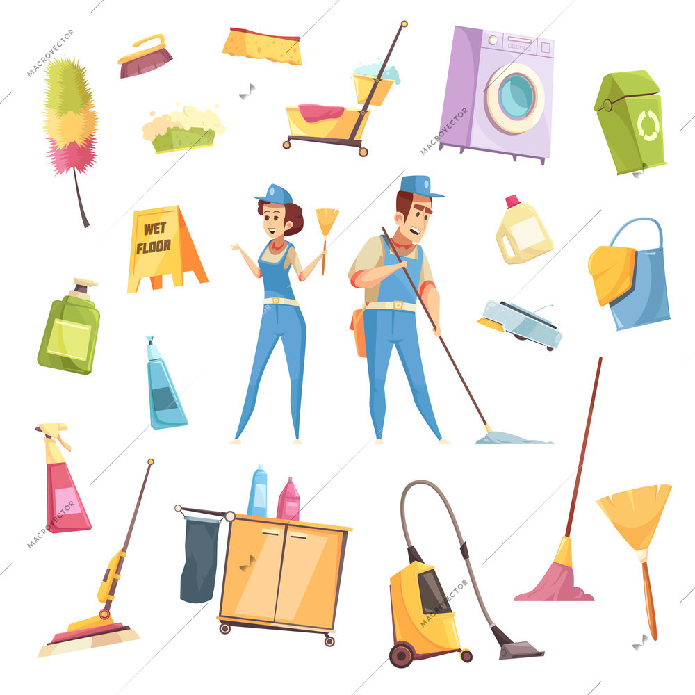 Cleaning service decorative icons set of spray items vacuum cleaner brush broom washing machine employees of cleaning company isolated vector illustration