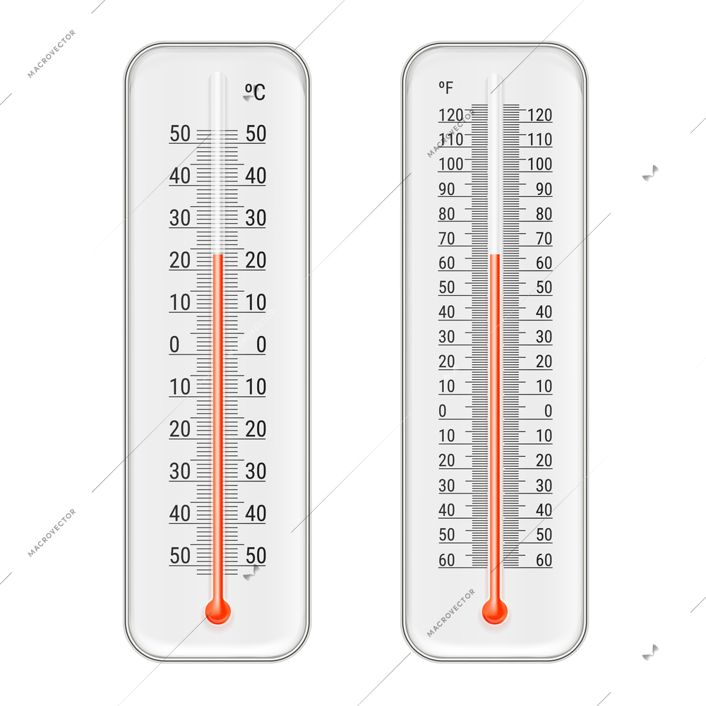 Set of realistic white meteorology thermometers with celsius and fahrenheit scales, red mercurial indicator isolated vector illustration