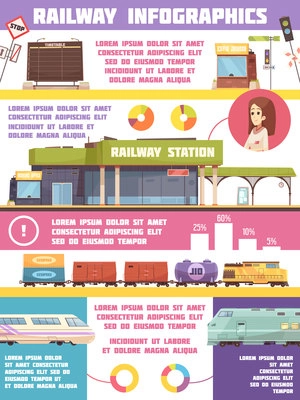 Railway infographics flat template with  freight and passenger transportation statistics modern trains symbols vector illustration