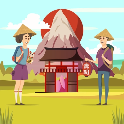 Japan travel orthogonal composition of rising sun fuji mountain traditional architecture and 2 tourists background vector illustration